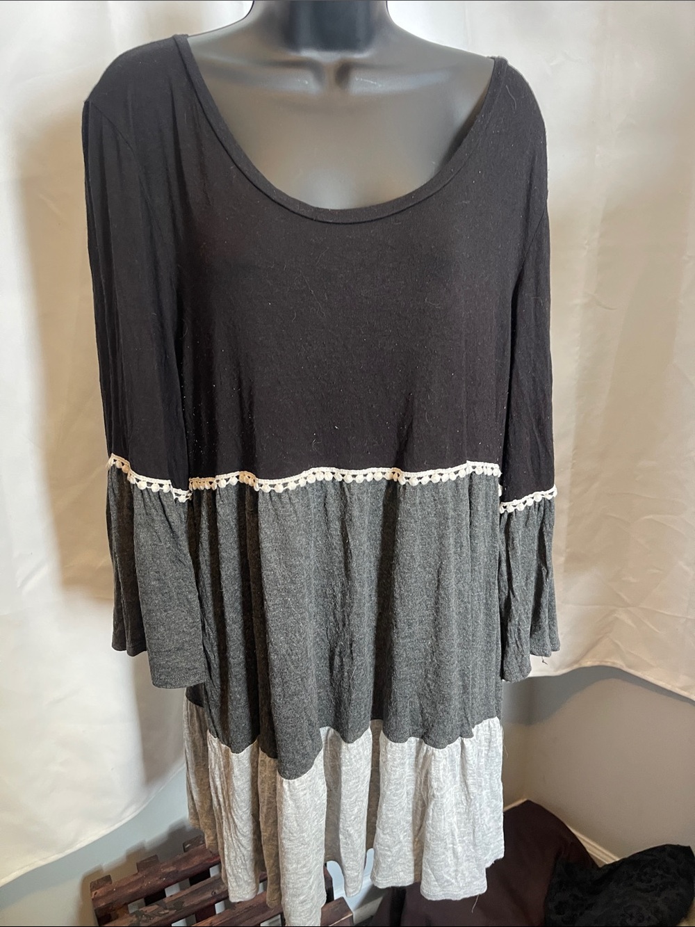 Celeste Black, Charcoal and Light Gray Tiered Crochet-Trim Tunic
